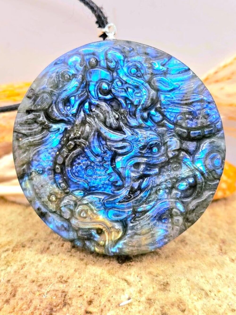 Labradorite Four‑Dragons Carved Pendant • Flashy Crystal Necklace • 2" Statement